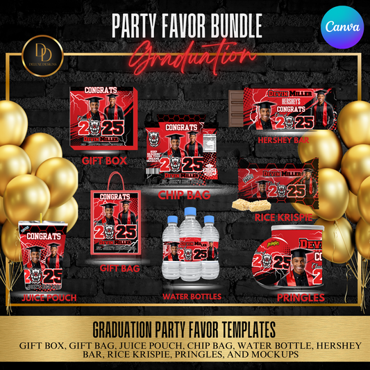 Graduation 2025 Party Favor Bundle | DIY Digital Download | Editable Canva Templates | Red, Black and White | Digital Design