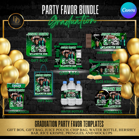 Graduation Party Favor Bundle 2025 | Editable Canva Templates | Green, Black & White Digital Download