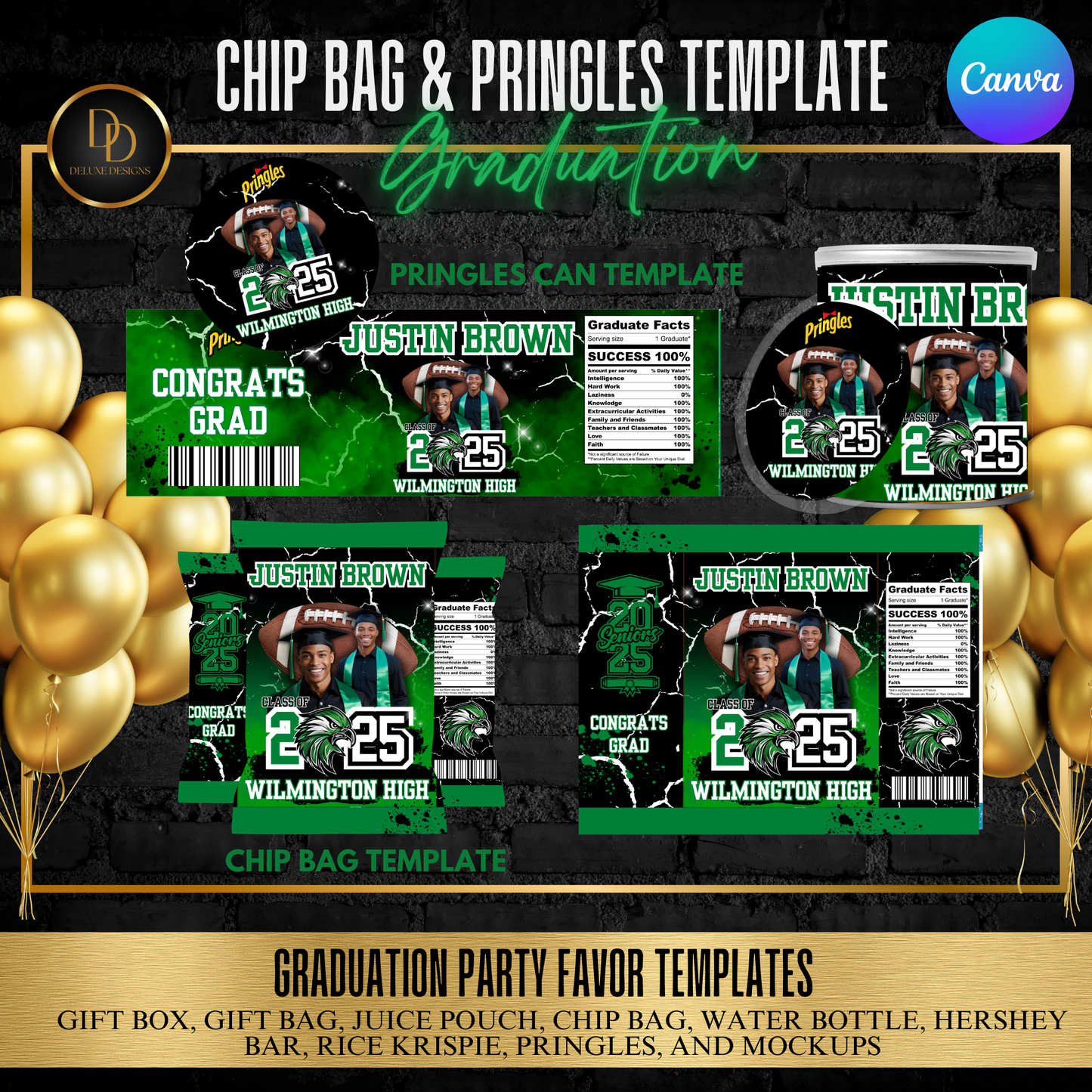 Graduation Party Favor Bundle 2025 | Editable Canva Templates | Green, Black & White Digital Download