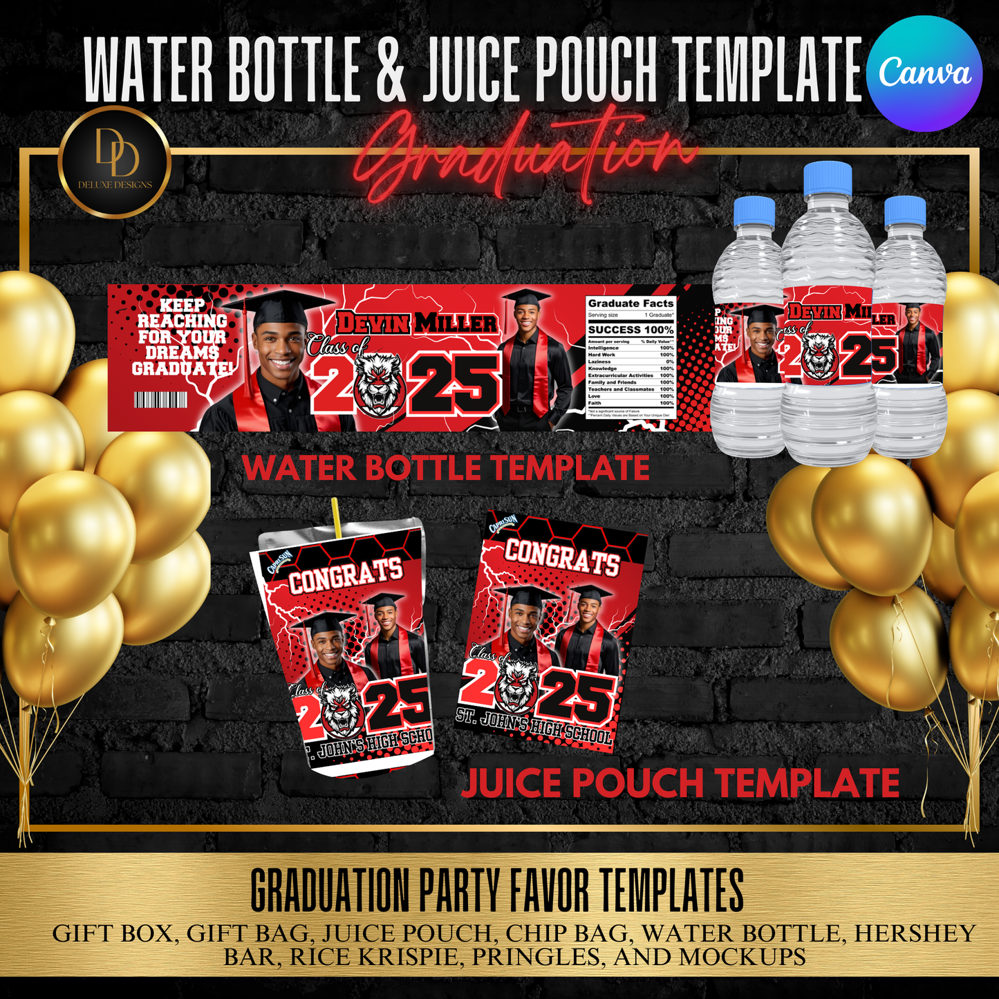 Graduation 2025 Party Favor Bundle | DIY Digital Download | Editable Canva Templates | Red, Black and White | Digital Design