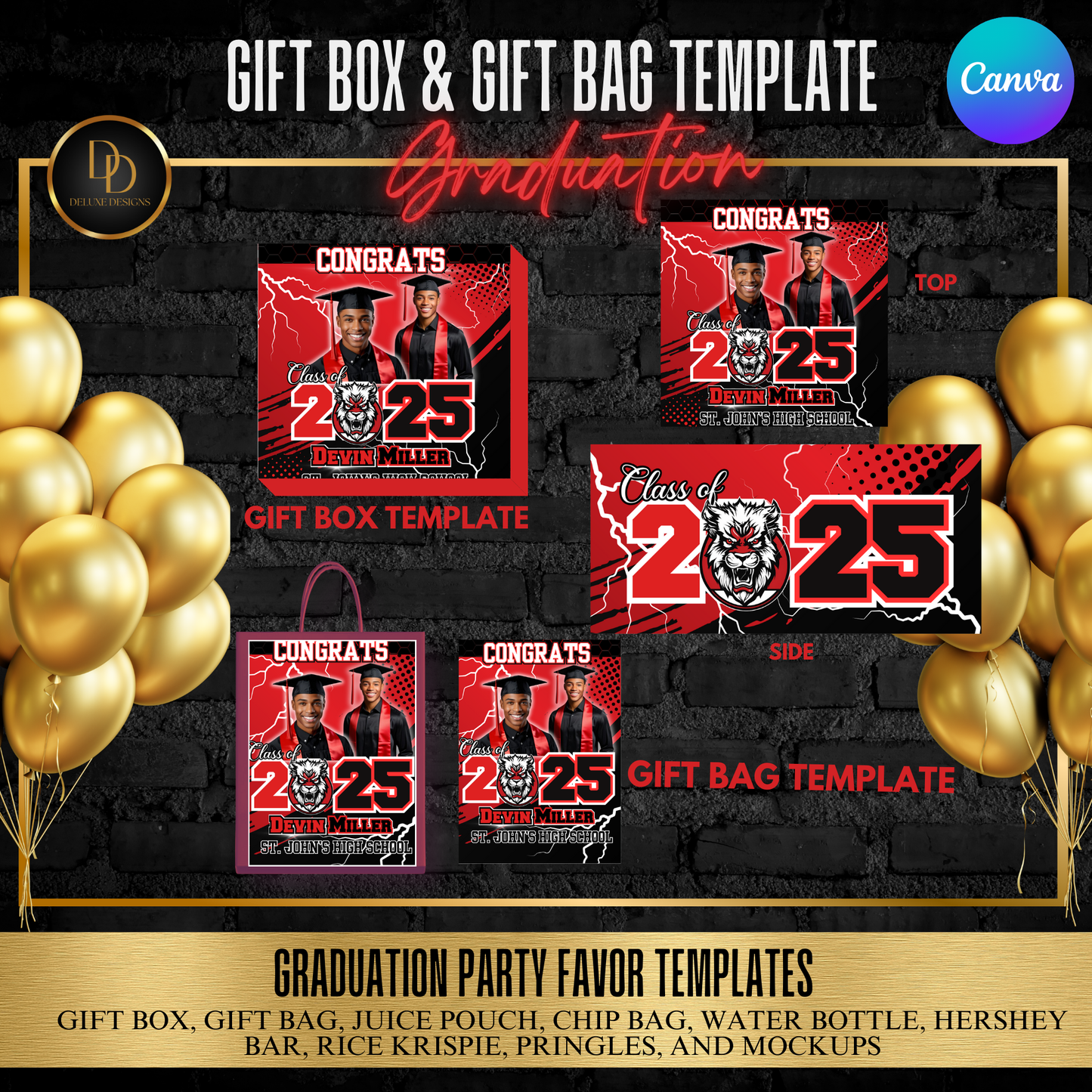 Graduation 2025 Party Favor Bundle | DIY Digital Download | Editable Canva Templates | Red, Black and White | Digital Design