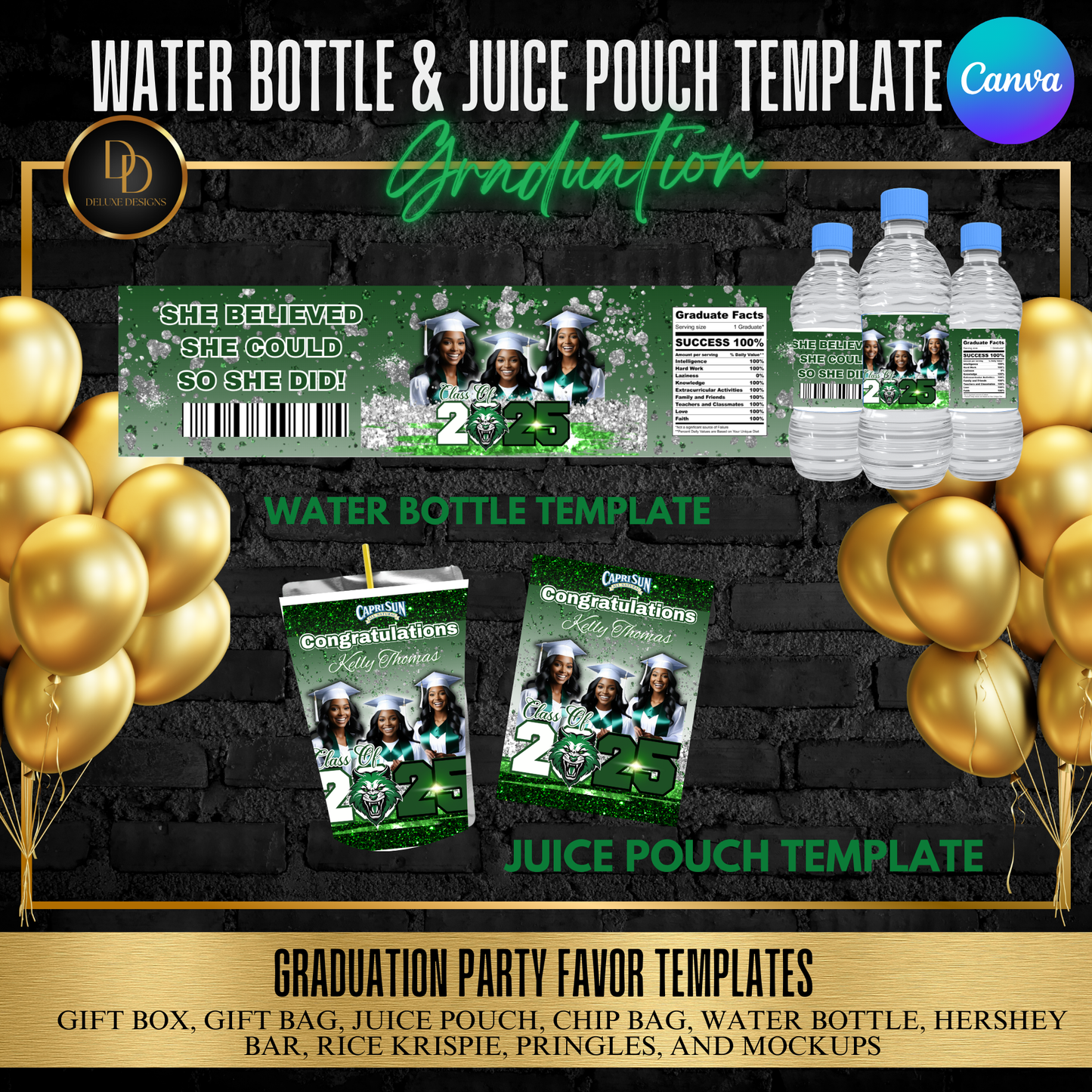 Graduation 2025 Party Favor Bundle | Editable Canva Template | Custom Chip Bags, Pringles, Juice Pouch & More | Digital Download | Sparkly Green, Black, White, and Silver