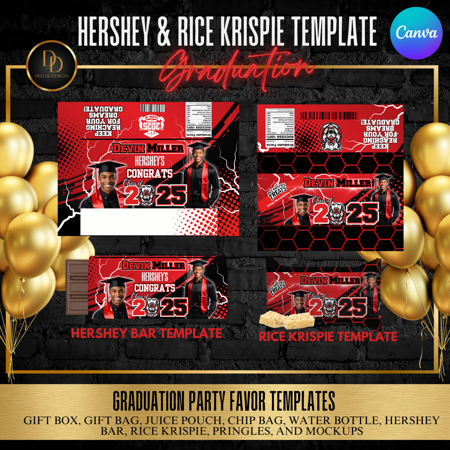 Graduation 2025 Party Favor Bundle | DIY Digital Download | Editable Canva Templates | Red, Black and White | Digital Design