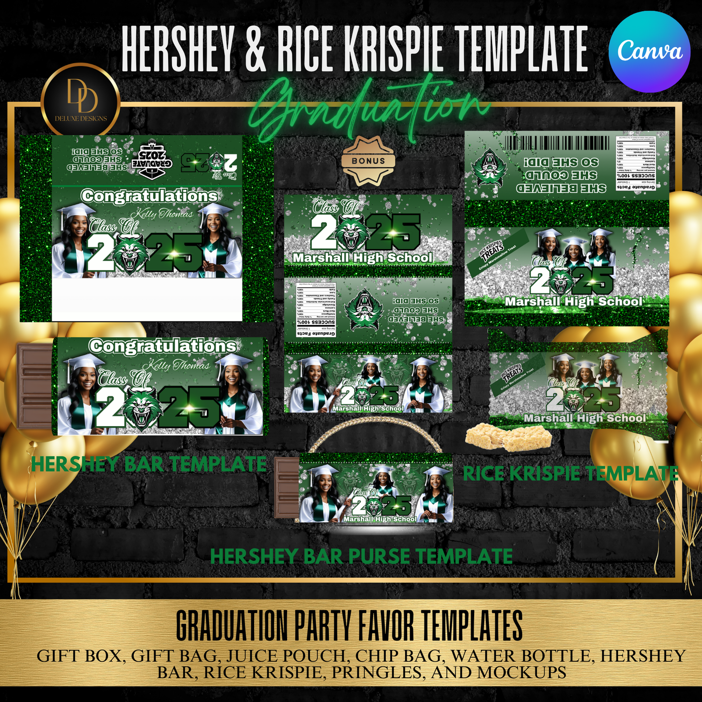 Graduation 2025 Party Favor Bundle | Editable Canva Template | Custom Chip Bags, Pringles, Juice Pouch & More | Digital Download | Sparkly Green, Black, White, and Silver