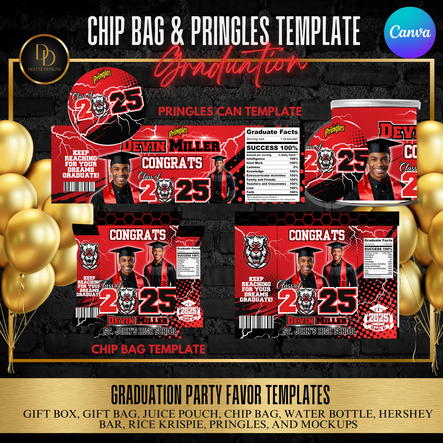 Graduation 2025 Party Favor Bundle | DIY Digital Download | Editable Canva Templates | Red, Black and White | Digital Design