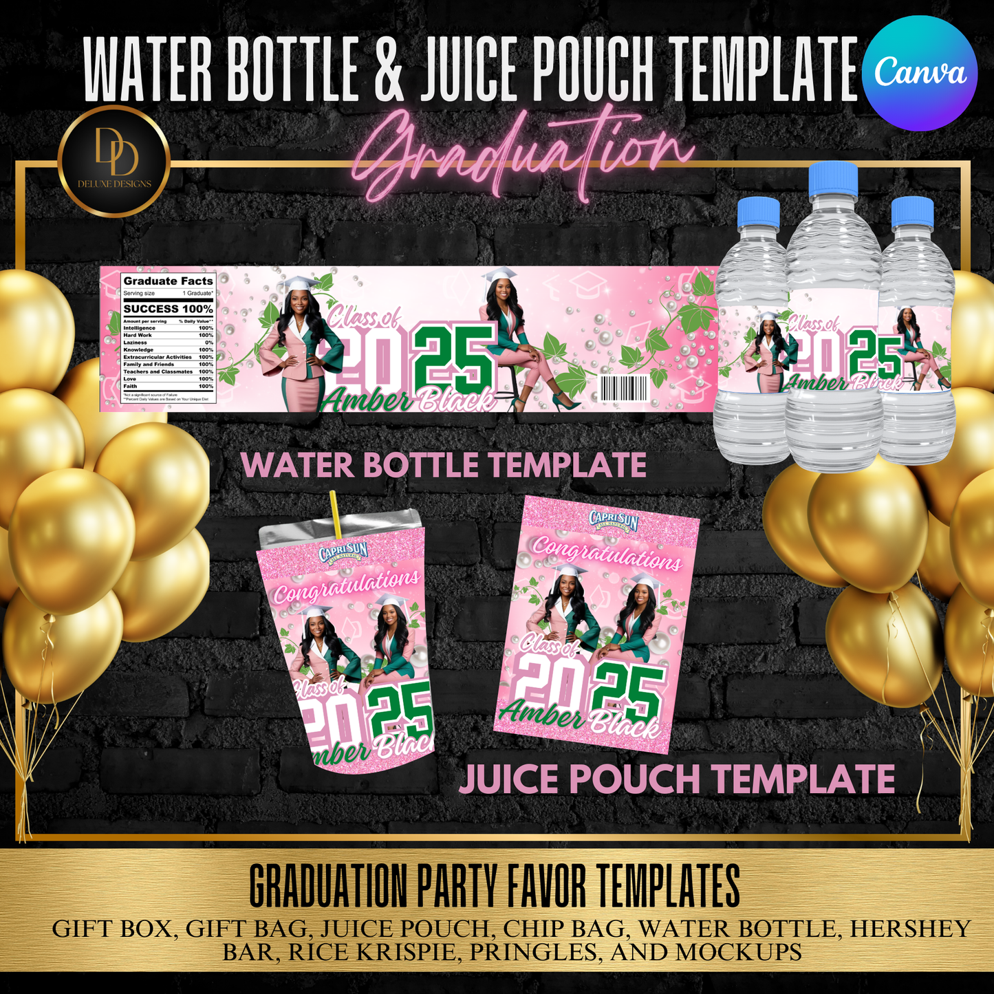 Graduation Party Favor Bundle 2025 - Pink & Green Digital Download | Editable Canva Templates for DIY Party Favors