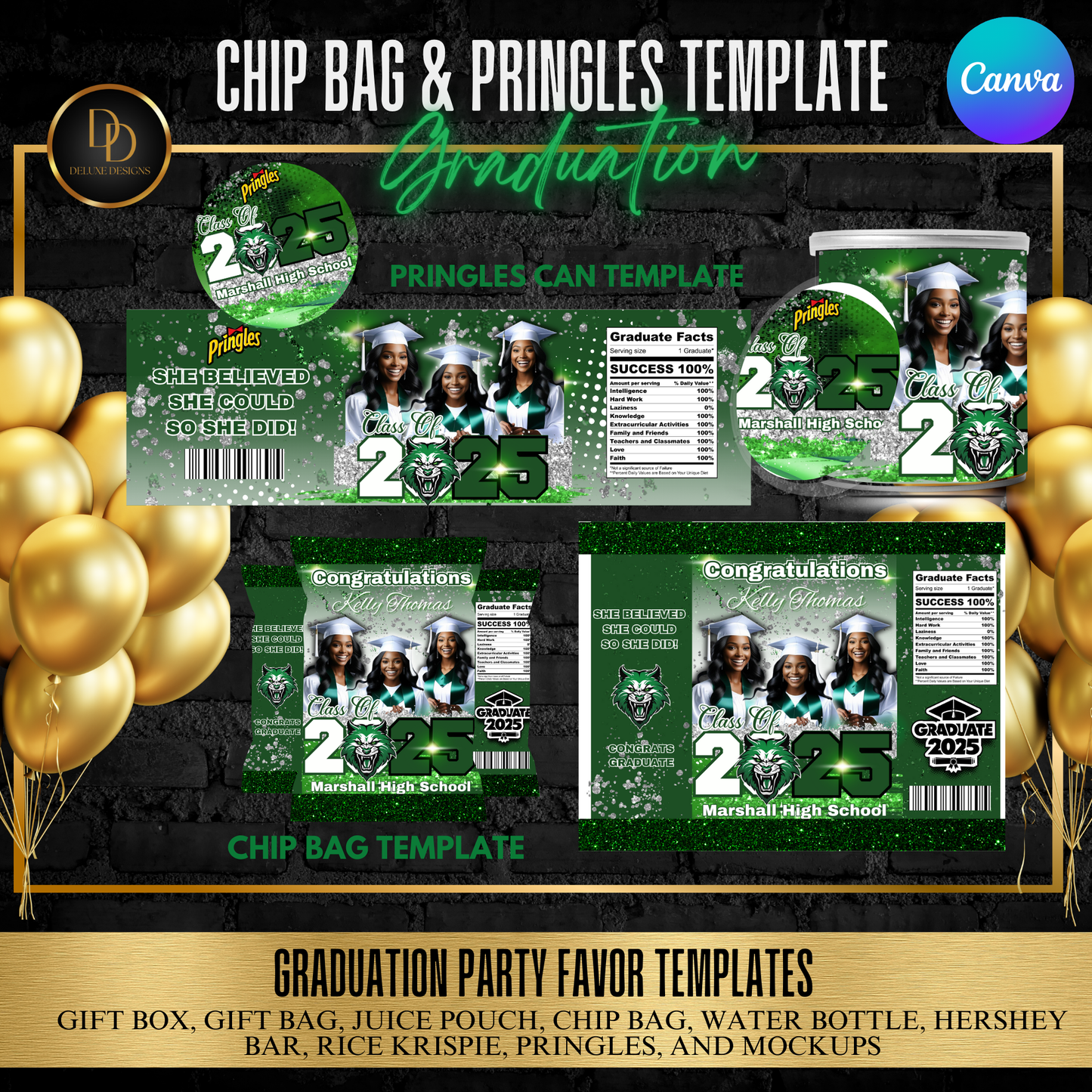 Graduation 2025 Party Favor Bundle | Editable Canva Template | Custom Chip Bags, Pringles, Juice Pouch & More | Digital Download | Sparkly Green, Black, White, and Silver