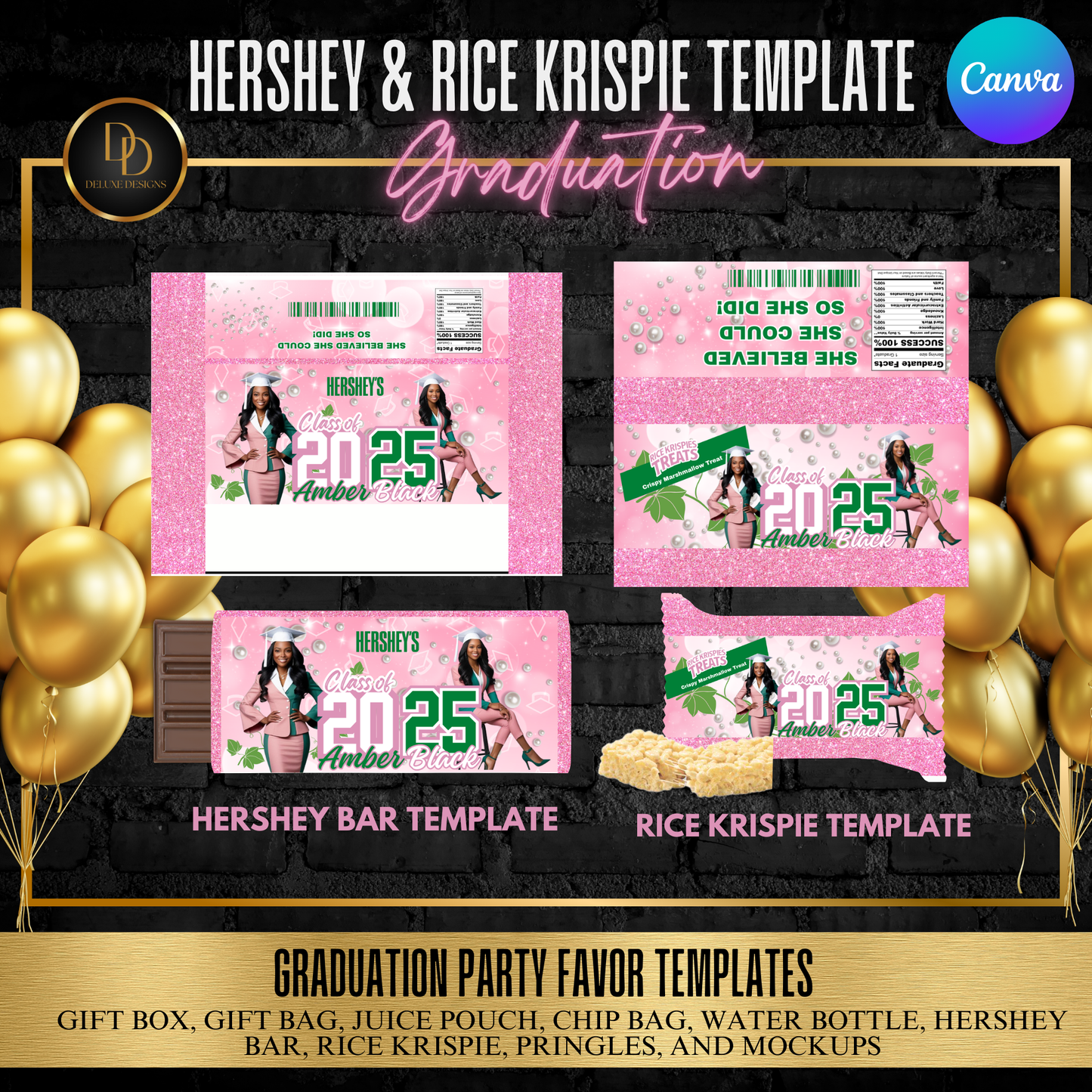 Graduation Party Favor Bundle 2025 - Pink & Green Digital Download | Editable Canva Templates for DIY Party Favors