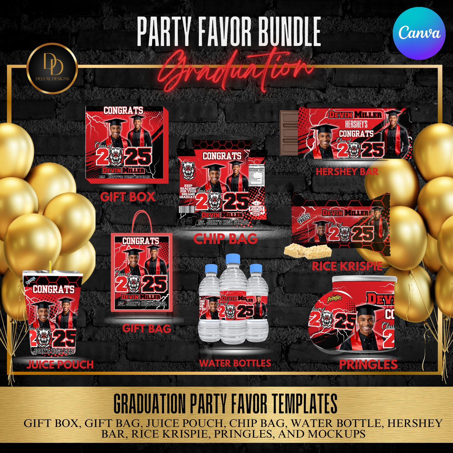 Graduation 2025 Party Favor Bundle | DIY Digital Download | Editable Canva Templates | Red, Black and White | Digital Design