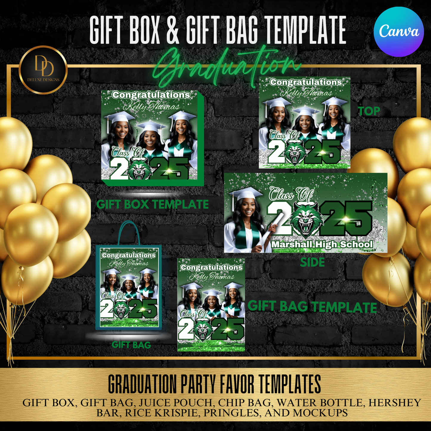 Graduation 2025 Party Favor Bundle | Editable Canva Template | Custom Chip Bags, Pringles, Juice Pouch & More | Digital Download | Sparkly Green, Black, White, and Silver