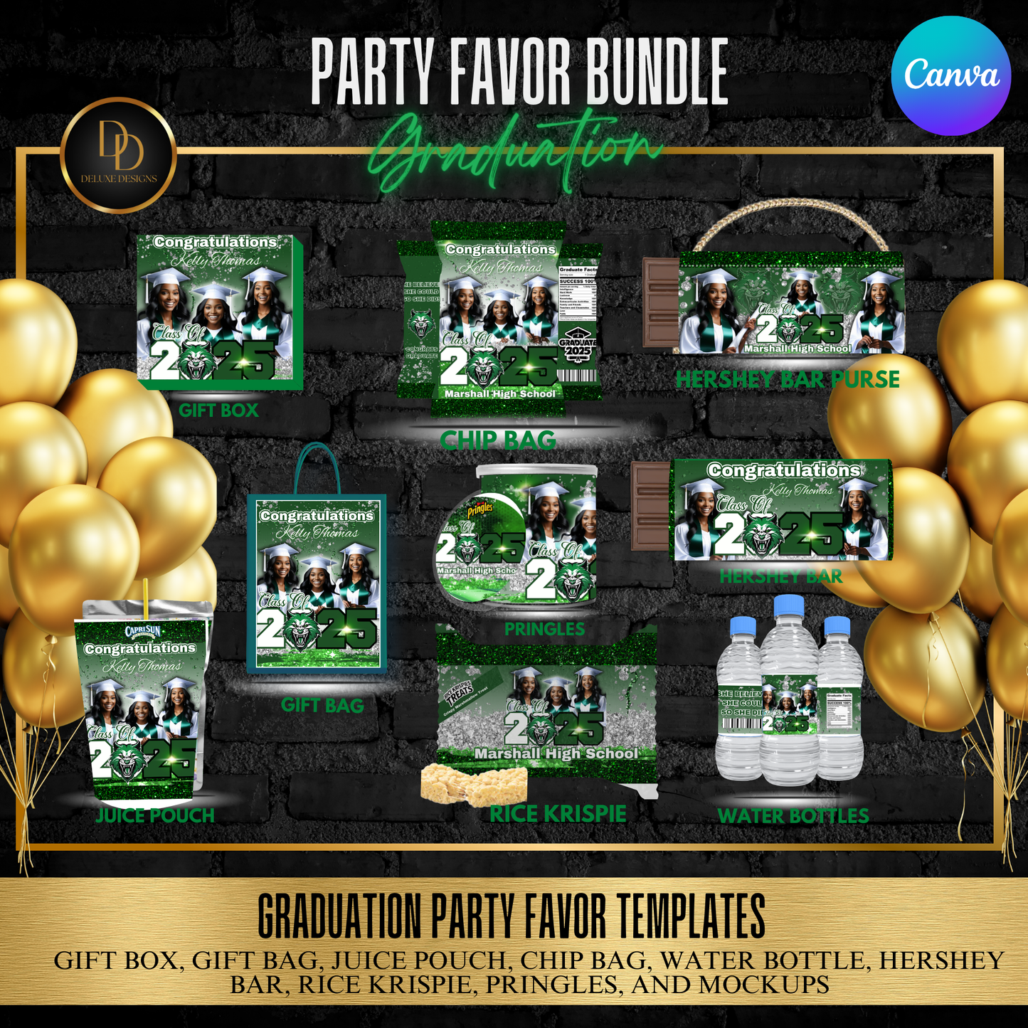 Graduation 2025 Party Favor Bundle | Editable Canva Template | Custom Chip Bags, Pringles, Juice Pouch & More | Digital Download | Sparkly Green, Black, White, and Silver