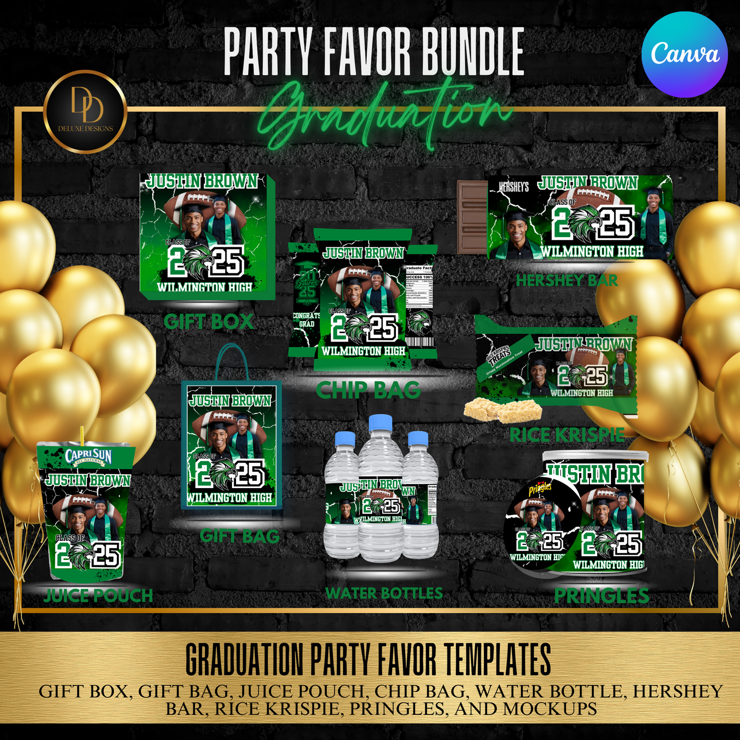 Graduation Party Favor Bundle 2025 | Editable Canva Templates | Green, Black & White Digital Download