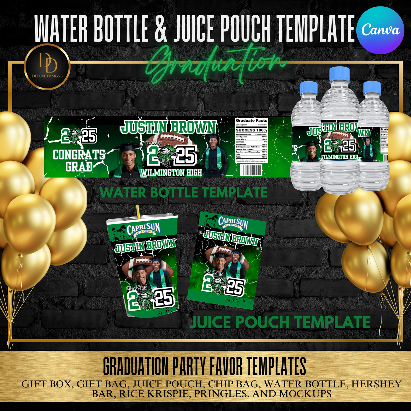 Graduation Party Favor Bundle 2025 | Editable Canva Templates | Green, Black & White Digital Download