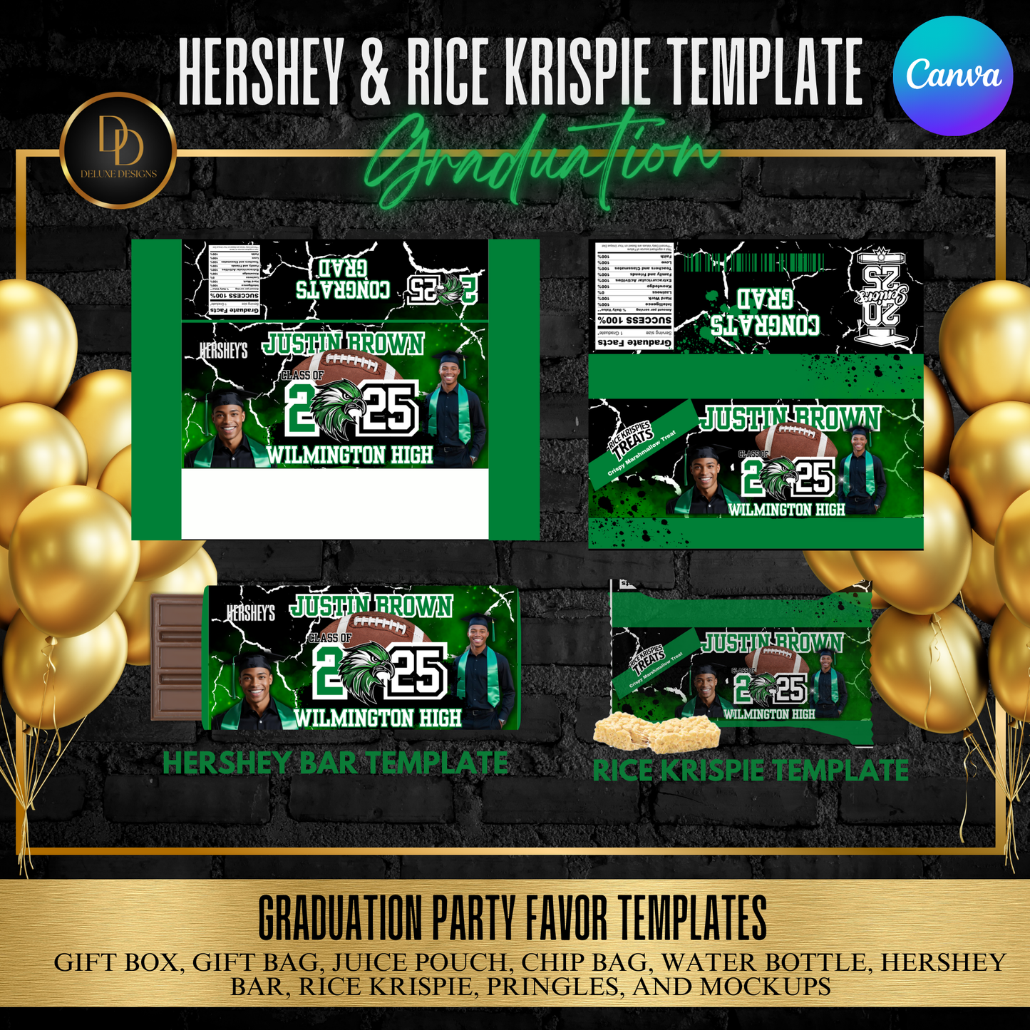 Graduation Party Favor Bundle 2025 | Editable Canva Templates | Green, Black & White Digital Download
