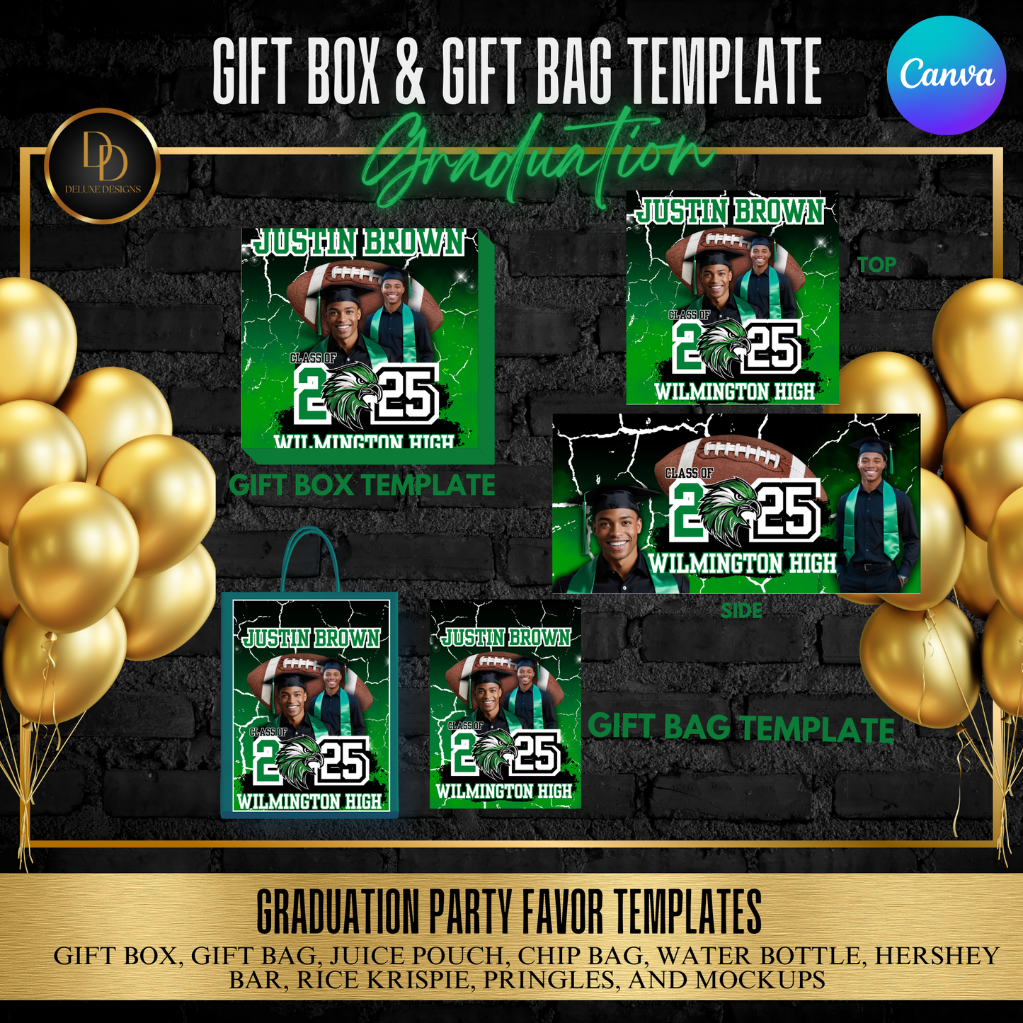 Graduation Party Favor Bundle 2025 | Editable Canva Templates | Green, Black & White Digital Download